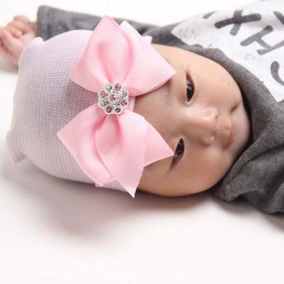 China Boy Girl Nursery Beanie Hospital Hat With Large Newborn Bow And Crystal Striped for sale