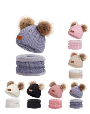 China COMMON Double Knitted Faux Fur Pompom Beanies Hat Girl Boy Kids Winter Beanie Hat And Scarf Set for sale