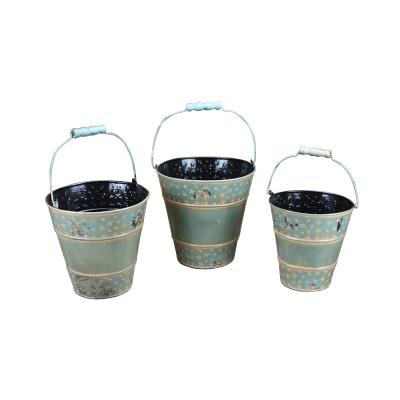 China American Style Antique Galvanized Printed Antique Wholesale Garden Beach Buckets Flower Pots Set Of 3 Planters Buckets With Handle for sale