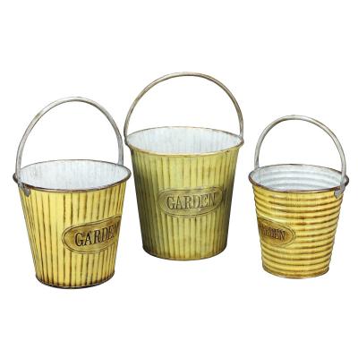 China Painted Printed Flower Metal Buckets Garden Flower Pot Buckets Beautiful With Handle Wholesale Set Of 3 Galvanized Metal Planter Buckets for sale