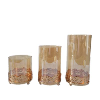 China 3 Size Multifunctional Set Gold Votive Glass Candle Holder with Glass Shade for Home Decorations for sale