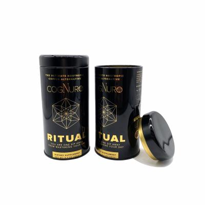 China Food maker custom design black and gold color tea tin can coffee metal box with plug lid for sale