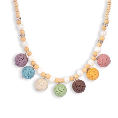 China FASHIONABLE Bohemian Colorful Volcanic Simple Short Necklace Stone Style Bead Chain Wooden Necklace for sale