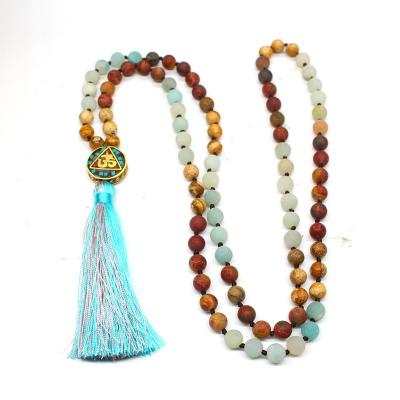 China FASHIONABLE Frosted Stone 108 Stone Beads OM Nepal Necklace Mala Jewelry Women Long Pendant Yoga Necklace for sale