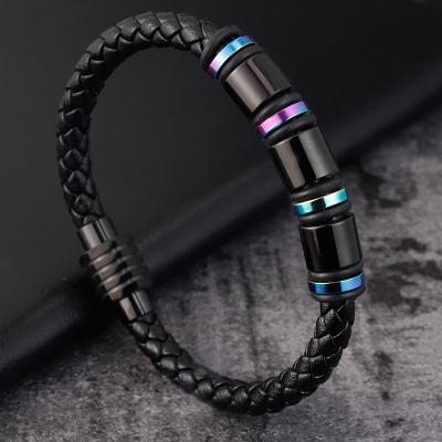 China New Fashion Mens Jewelry Bangle Stainless Steel Genuine Leather Bracelet TRENDY Handmade Magnet Clasp Men's Bracelet for sale