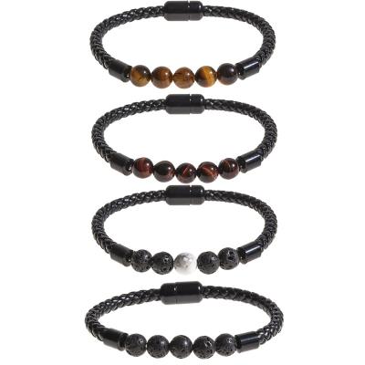 China Amazon FASHIONABLE Hot Selling Mens Tiger Stone Volcanic Stone Beaded Bracelet Leather Rope Magnetic Bracelet for sale