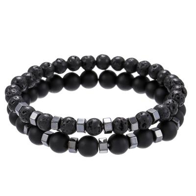 China 6mm Black Lava Hematite Punk Frosted Volcanic Stone 8mm Stone Beads Elastic Bangle Set Bracelet Men for sale