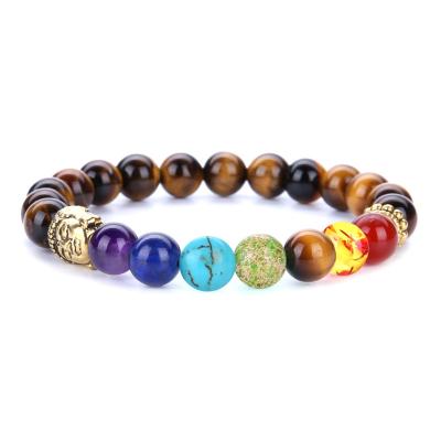 China Trendy Tiger Eye Natural Stone 7 Chakras Healing Elasticity Men Fashion Beaded Yoga Bracelet Jewelry for sale