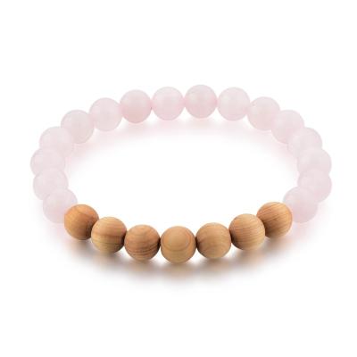 China Beautiful TRENDY Wooden Bracelet Crystal Pink Quartz Bracelets Natural Rose Quartz Beads Stretchable Bracelet for sale