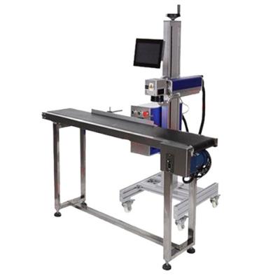 China High efficiency air-cooled flying fiber laser marking machine for workshop assembly line marking and coding for sale