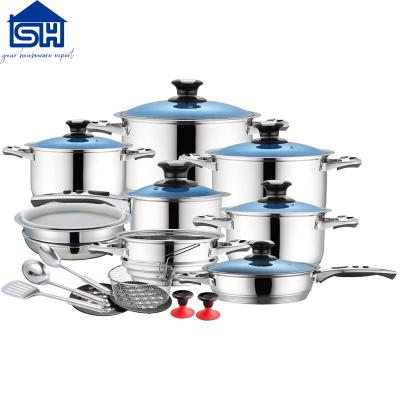 China 28pcs 42pcs Sustainable Stainless Steel Cookware Set Wide Rim Lid Stainless Steel Blue Glass Jar for sale