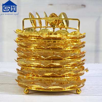 China Arabic Golden Grid Iron Dish With Dish Dessert Serving Tray Metal Food Can Tray for sale