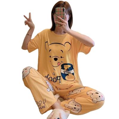 China QUICK DRY Woman Short Sleeve Long Pants Pattern Summer Milk Silk Pajamas Set for sale