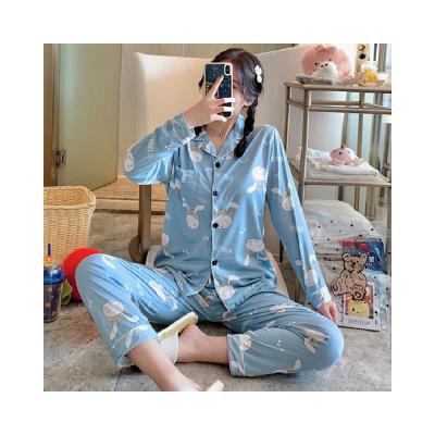 China QUICK DRY Blue Rabbit Print Pattern Ladies Factory Direct Sale Long Sleeve Pajamas Suit for sale