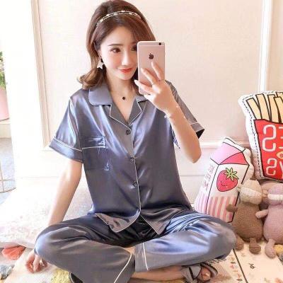 China Wholesale QUICK DRY Short Sleeve Satin Pajamas Button Up PJ Shirt Set Nightgowns For Women Plus Size for sale