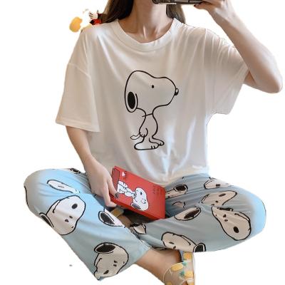 China Wholesale-QUICK-DRYING Women's Silk Short Thin Sleeve Summer Milk Cute Cartoon Pajamas Long Pants for sale