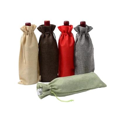 China Eco-friendly Christmas Burlap Wine Bag Wine Bottle With Drawstring Reusable Logo Print Logo Gift Pouch Wine Bags for sale