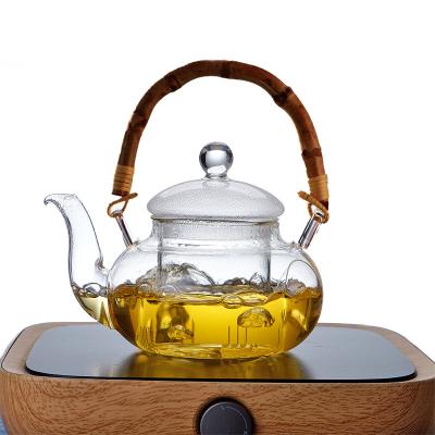 China Wholesale Handmade Viable High Temperature Resistant Glass Flower Hensin Handle Bamboo Tea Pot With Infuser for sale