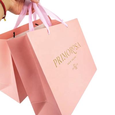 China Wholesale Cheap Recyclable Custom Logo Fancy Wedding Favor Wedding Favor Door Gift Pink Luxury Paper Bag Recyclable With Pink Ribbon Handles for sale