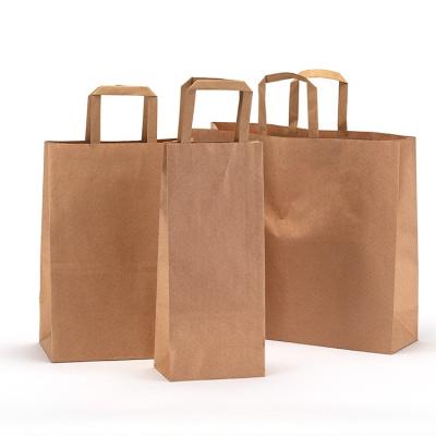 China Recyclable Custom Print Biodegradable Brown Kraft Paper Bag Takeaway Logo With Flat Handles For Shopping for sale