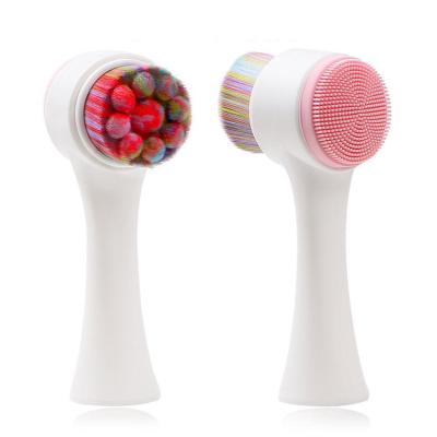 China Manual Soft Long Handle 3D Silicone Cleaning Dual Side Soft Face Sweep Beauty Tools Massage Facial Cleansing Brush for sale