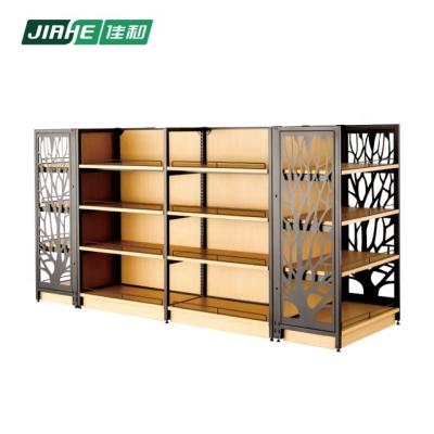 China Double Sided Wood And Steel Shelf Supermarket Equipment With Wooden Shelf For Supermarket for sale