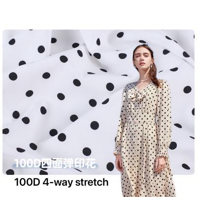 China Shrink-Resistant 135gsm 4 Ways Stretch Little Dot Printing Fabric Woven Polyester Summer Dress Fabric for sale