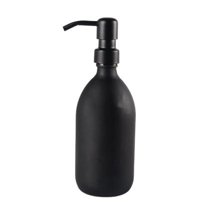 China Personal Care 16oz Black Glass Bottles With Black Stainless Steel Pumps Lotion Hand Care And Soap Dispensers for sale