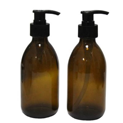 China Personal Care 250ml Round Amber Hair Shampoo Conditioner Container Lotion Pump Cosmetic Glass Bottles for sale