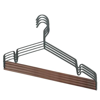 China IANGO Best Seller Modern Black Top Unique Metal Cloth Hanger Wire Coat Powder Coated Coat Hanger With Beech Wood Bar for sale