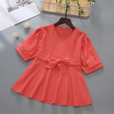 China High Quality Summer Viable Spring 4-11T Spring Summer Teen Girls Long Sleeve V-Neck Bow Belted Girl Blouse Purple for sale