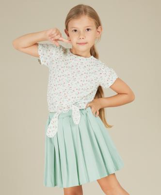 China Little Girls Summer 9M-5T Sweet All Over Floral Print Blouse Green Short Skirt Girls Dress Set for sale