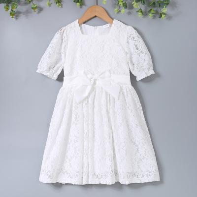 China Children's washable casual outfits lace up bow girl dress children's clothing girl's short sleeve clothes for sale