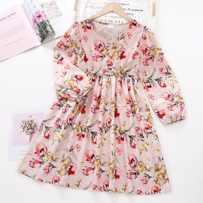 China Fanmifashion Anti-wrinkle Girls Button Round Neck Sleeve Floral Dress Edge Floral Dress Casual Dress For Girl for sale