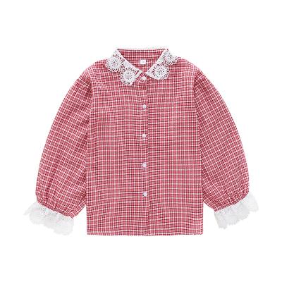 China Girls Shirt Kids Clothing Anti-Shrinkage Girls Contrast Guipure Lace Plaid Blouse for sale