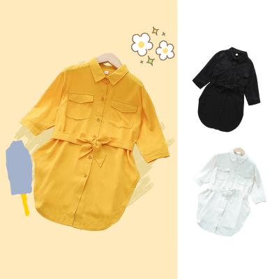 China Toddler Girls 4-11T Breathable Solid Button Up Curved Edge Belted Blouse Girls Shirt for sale