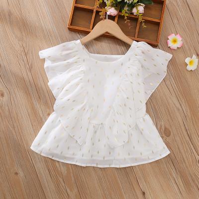 China Cream Beige T-Shrink Anti-Shrink Bronzing Puff Sleeve Lettuce Trim Ruffled Sleeve Opening Girls T-Shirt for sale