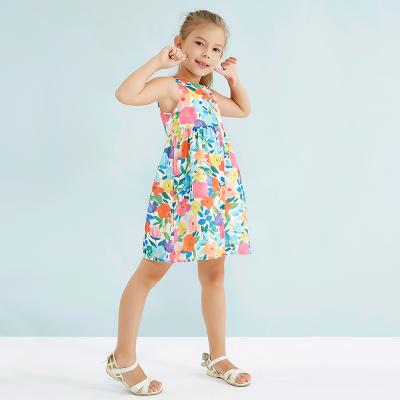 China 100% Polyester 1-5Y Summer Girls Full Floral Print Round Neck Sleeveless Casual Dress For Girl for sale