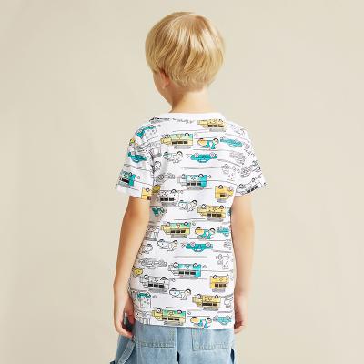 China 1T-7TBoys Girls Anti-Shrink Summer Tops Yellow Car Print Cartoon Short Sleeve for sale