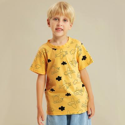 China Anti-Shrink Boys Tops Girls Cartoon Airplane Short Sleeve Cotton Cloud Printing Yellow Pattern Children's Casual Short Top for sale