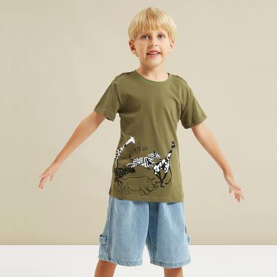 China Army Green Boys Short Sleeve Animal Print Tee Cartoon Boys Outfits Casual Tops Anti-Shrink T-shirt for sale