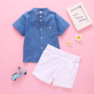 China Fashion\Comfortable\Durable Girl Clothes Kids Boys Clothing Boy Lattice Blue Short Sleeve Blouse With Solid White Waist Shorts Kids Clothing Set for sale