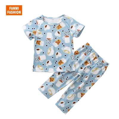 China Cute Milk Tea Coffee Print Summer Girls Pajamas Set Kids Clothes for sale