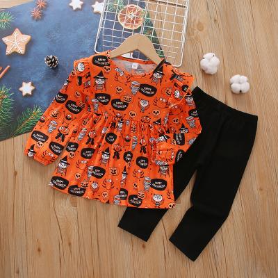 China Toddler Girls Pajamas Set Halloween Pumpkin Embroidery Ruffle Edge Cute Kids Tops and Leggings Clothes for sale