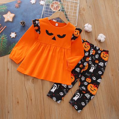 China Toddler Girls Halloween Pumpkin Embroidery Ruffle Edge Cute Kids Tops And Leg Warmers Clothing Set for sale