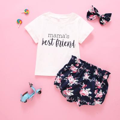 China Fashion\Comfortable\Durable Girl Clothes 2022 Summer Infant Girl Short Letter Printing Tee Girls Floral Print Size & Shorts Set Kids Clothes for sale