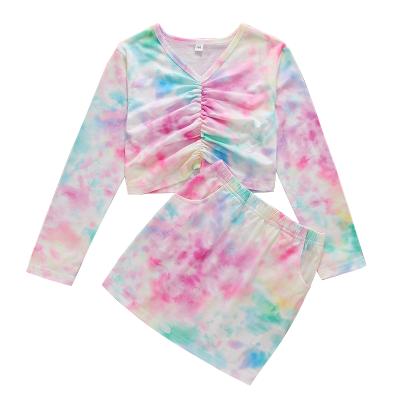 China Anti-wrinkle Girl Tie Dye Printing Elasticity V-Neck Long Sleeve Skirt Casual Dress For Girl for sale