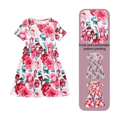 China Breathable Girls Dress Short Sleeve All Over Floral Print Dress A-Line Casual Dress For Girl for sale