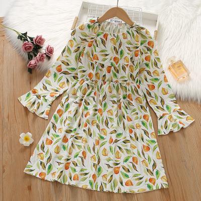 China Girl's Washable Floral Print Long Sleeve Lotus Leaf Dress For Girl Girls Leaf Print Ruffle Sleeve Dress for sale