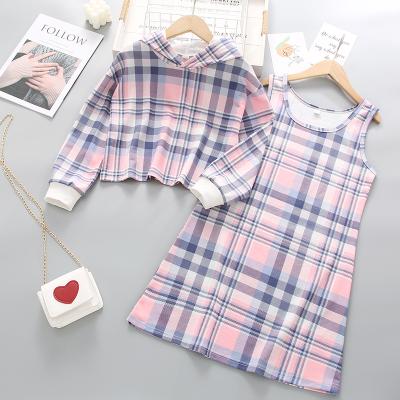 China Anti-Wrinkle Teens 120cm-160cm Kids Dress Plaid Hoodie Set Two Piece Skirt for sale